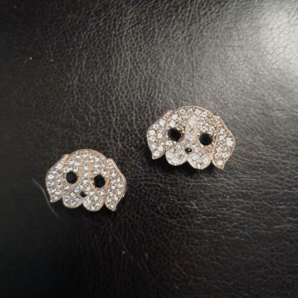 Rhinestone Beagle Dog Stud Earrings Amber White - Picture 3 of 5